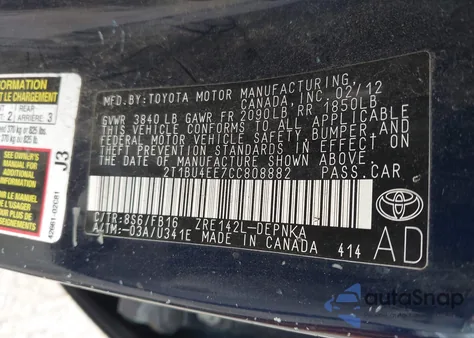 2012 Toyota Corolla Le z USA, uszkodzony, nr VIN 2T1BU4EE7CC808882